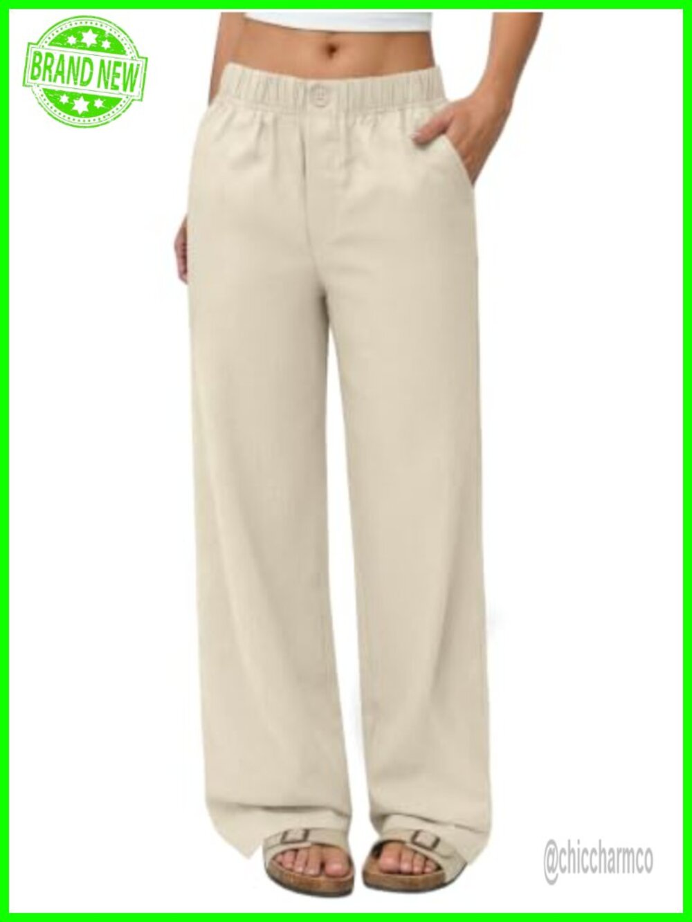 Linen Palazzo Pants Wide Leg High Waist Pockets Casual